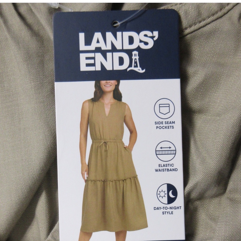 LANDS' END Tan Sleeveless Tiered Midi Dress‎ Medium Khaki Beige Side Pockets NWT